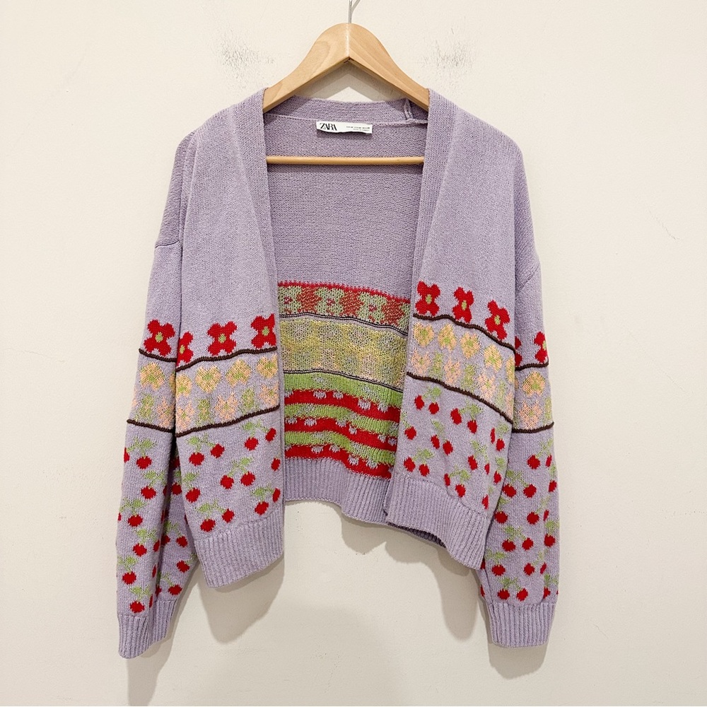 Zara Jacquard Floral Cherry Pattern Lavender Open Cardigan